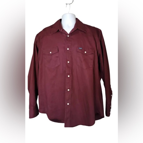 VINTAGE Wrangler Western Shirt Pearl Snap Heavy Twill Burgundy Cowboy XL - Picture 1 of 3